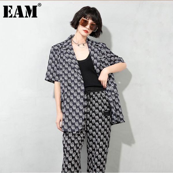 

[eam] women black big size casual printed blazer lapel half sleeve loose fit jacket fashion spring summer 1dd8093 210512, White;black
