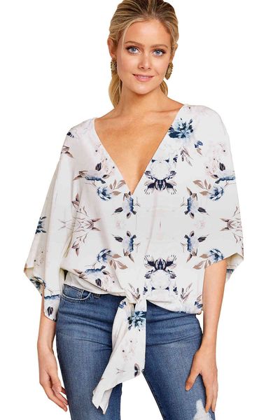 

summer casual loose women blouse plus size 5xl batwing sleeve deep v shirts femme print tie cotton irregular pullovers female, White