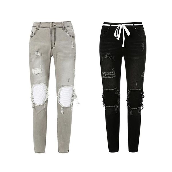 

men's jeans distressed skinny denim pants, casual tapered leg stretch with ripped holes, Blue