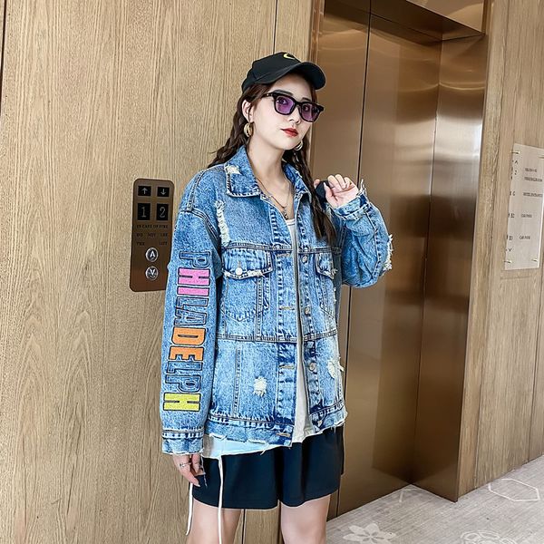 

women's jackets female autumn jean jacket, lettered three dimensional floral, women's baggy jacket with holes and stylish b618. zm, Black;brown