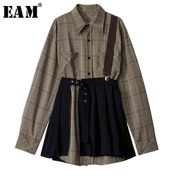 

[eam] women plaid pleated split two piece dress new lapel long sleeve loose fit fashion tide spring autumn 1d7110 201025, Black;gray