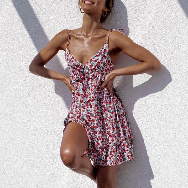 

spaghetti strap floral backless mini dress ins casual off shoulder lace up for women v-neck beach style party dresses, Black;gray