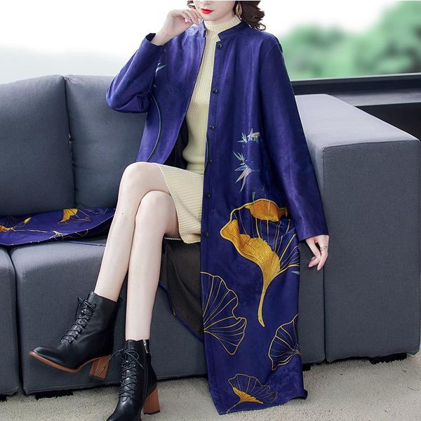 

women's trench coats spring autumn women vintage printed floral pattern loose 5xl long coat , woman clothes purple black windbreaker, Tan;black