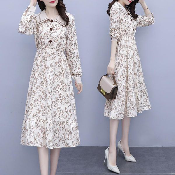 

casual dresses women fashion elegant floral dress long sleeve 2021 autumn party cocktail birthday a-line swing holiday office ladies work, Black;gray