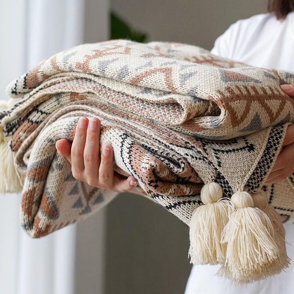

blankets cilected simple knitted woolen blanket tapestry bohemian tassel napping air conditioning room sofa cover