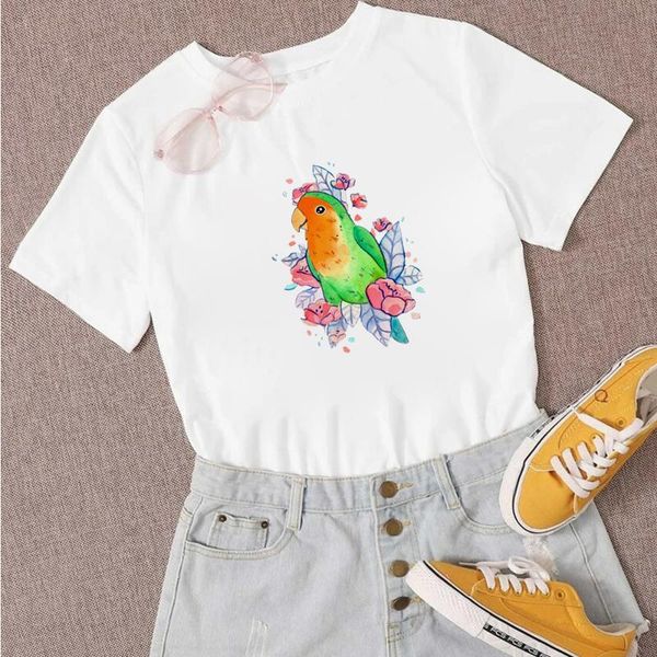 

women's t-shirt harajuku basic t shirt women punk cartoon watercolor parrot birds print tee femme casual rock, White