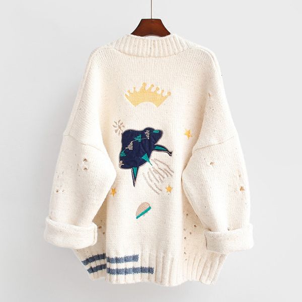 

women's sweaters cartoon embroidery oversize cardigans women harajuku loose v neck jacket female knitted cardigan mujer winter top, White;black