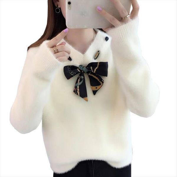 

autumn winter knit pullover womens sweater female loose outer wear spring bow tie imitation mink velvet bottoming shirt women, White;black