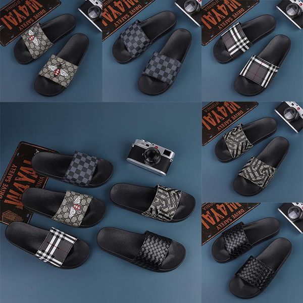 

grid pattern slippers designer mens non-slip and comfortable rubber slides sandals floral brocade outdoor beach casual flip flops flats slip, Black