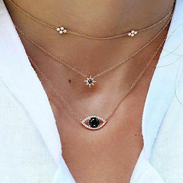 

chokers bohemian gold color black eye star crystal choker necklace for women simple chains layered party boho jewelry collars, Golden;silver