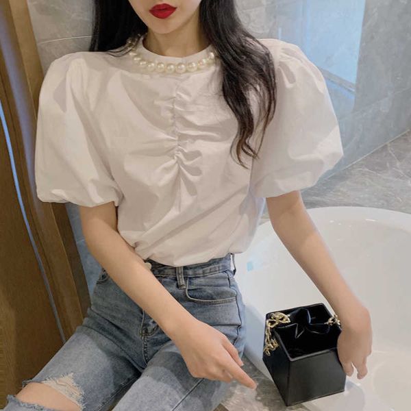 

women's knits & tees pearls beading white blouse shirts short puff sleeve summer pleated o-neck loose casual cotton designer