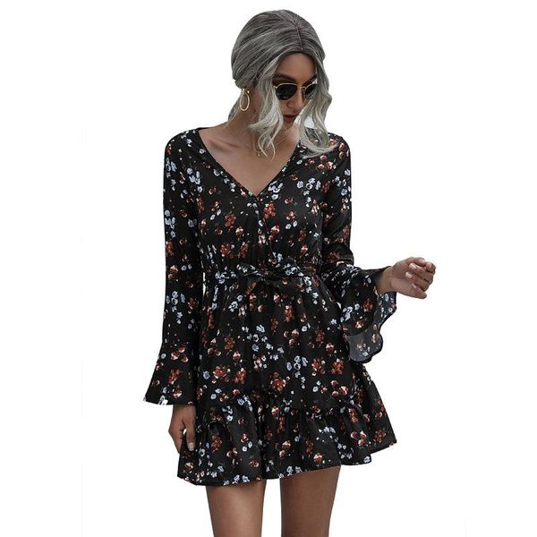

casual dresses women print mini dress summer ruffles long sleeve v neck evening party high waist sweet beach 2021, Black;gray