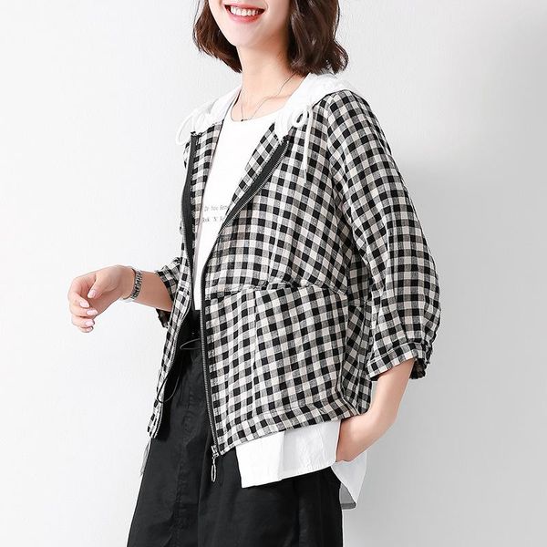 

women's jackets black and white plaid jacket fake two pieces of cotton linen hooded autumn clothes loose large size fat, Black;brown
