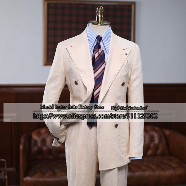 

men's suits & blazers summer beach ivory linen formal men for wedding 2 pieces peaked lapel jacket with pants slim fit groom wear/offic, White;black