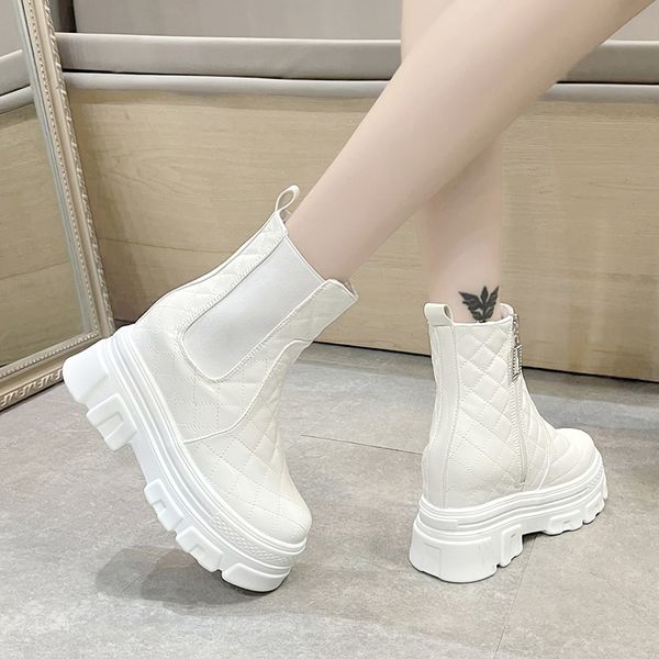

2022 pot cow leather round toe high heels platform zipper motorcycle boots winter shoes vacation classics mid-calf boots, Black