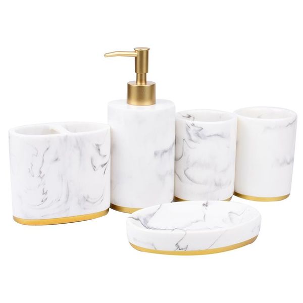 

bath accessory set bathroom accessories set, 5 pieces ensemble, collection marble pattern soap dispenser pump, toothbrush holder, soa