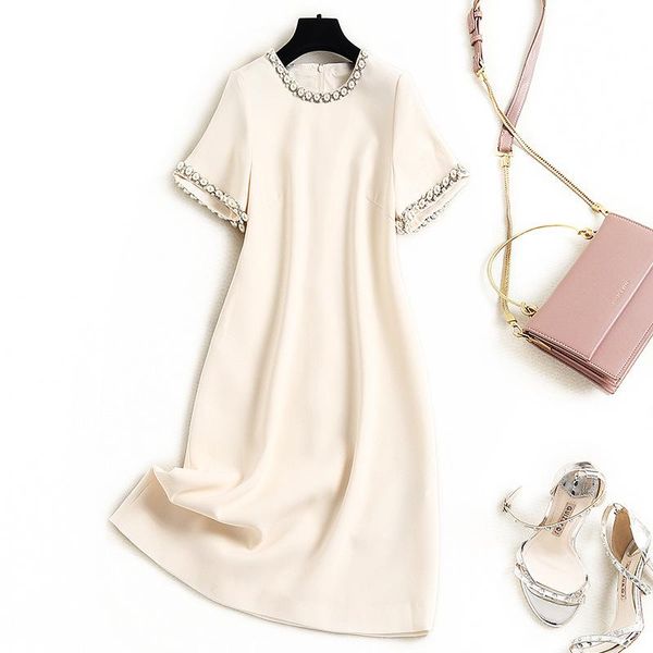 

party dresses 2021 summer elegant office wear fashion women nail bead plus size short sleeves solid color black dress, White;black