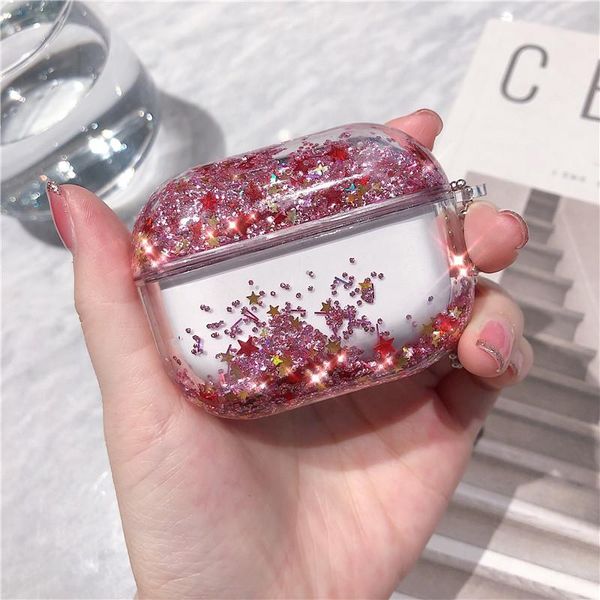 Custodie rigide per liquidi d'acqua di lusso Bling Glitter Stars Apple Airpods Pro Cover per accessori con strass per Air Pods 2/3 Custodia per auricolari di design con pacchetto opp