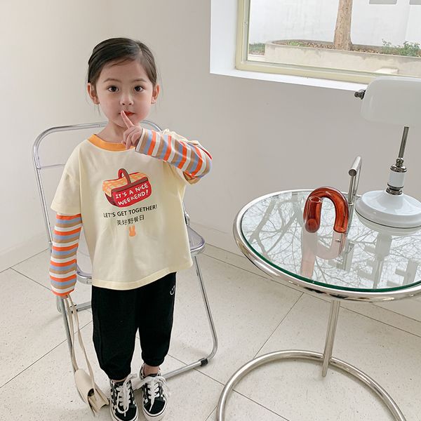 

2021 childrens t shirt patchwork cartoon printing striped girls boys long sleeve t shirts spring autumn clothes, White;black