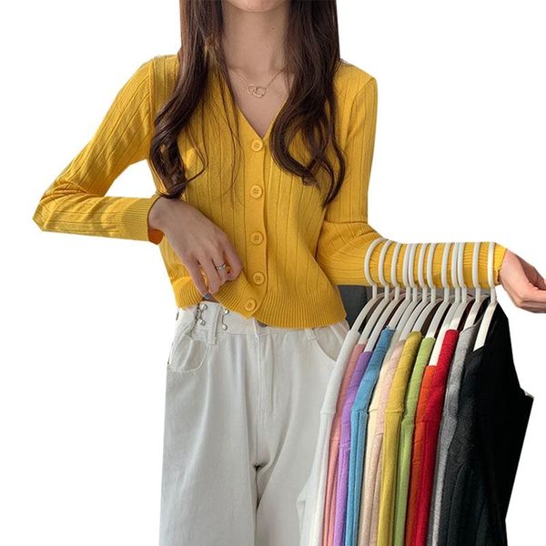 

women's knits & tees autumn 2021 korean v-neck button slim short knitted cardigan for women solid color long sleeve sweater top, White