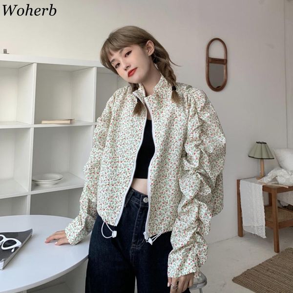 

woherb korean chic elegant floral print womens coats and jackets pleated sleeve cropped coat 2021 spring chamarras de mujer women's, Black;brown