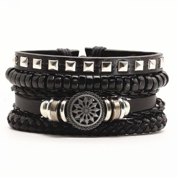 

4 pcs/set weave leather bracelets men wood beads alloy cross sunflower charm women bangle homme femme male drop shipping jewelry, Golden;silver