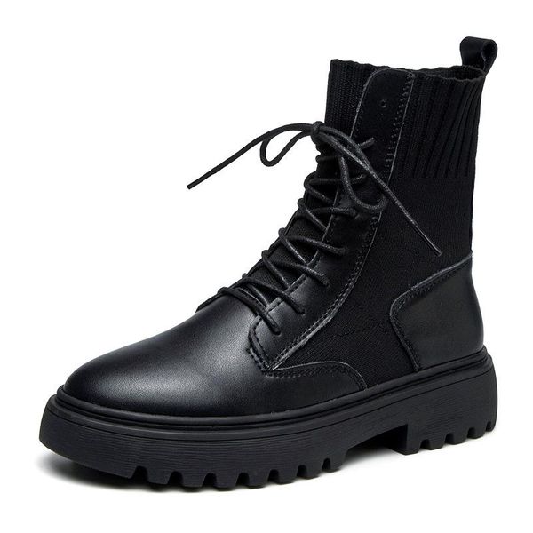 

boots women 2021 autumn and winter leather ankle stretch all-match socks, Black
