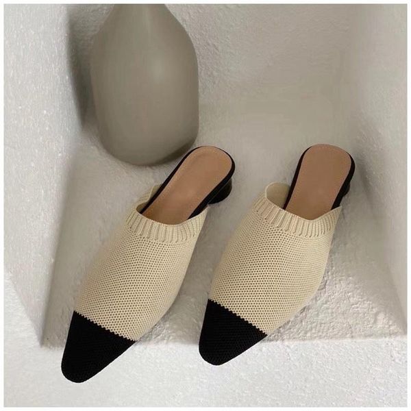 

slippers women flat fashion knit fabric slides pointed toe slip-on ladies loafers female spring shoes, Black