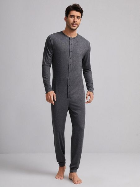 

men button front solid lounge jumpsuit n7lq#, Black;brown