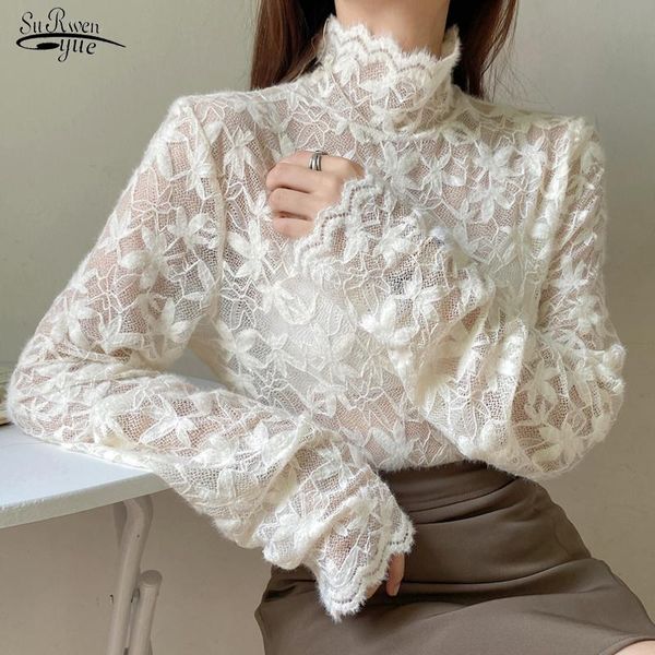 

women's blouses & shirts fashion sweet lace bottoming blouse elegant hollow mesh shirt autumn and winter long sleeve stand collar inner, White