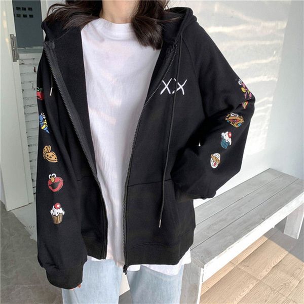 

women plus size hoodies autumn streetwear zip-up oversize sweatshirt jacket trendy solid pocket soild collar women outwear, Black
