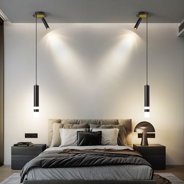 Северная креативная латунная подвесная лампа с светодиодной прожектором кровати с длинной линией маленькое подвесное освещение современное минималистское потолочное освещение