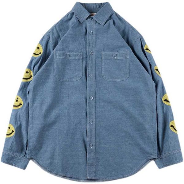 

men's casual shirts experience level hirata hongchao br kapital smiling face embroidery men's and women's loose four seasons, White;black