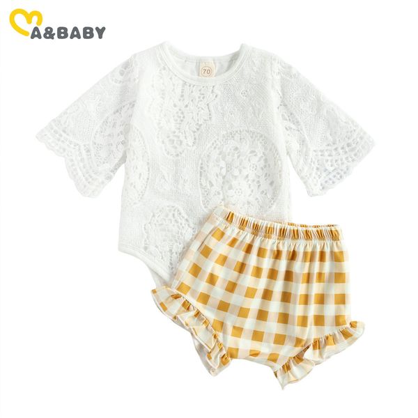 0-18M Vestiti per bambina nati in estate Set Pagliaccetto di pizzo bianco Pantaloncini scozzesi gialli Abiti Costumi 210515