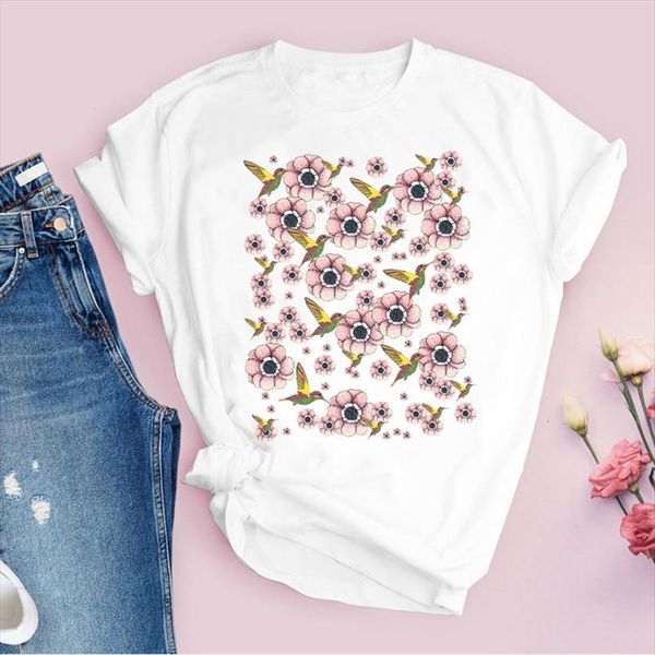 

graphic cartoon cute floral flower womens t shirts 90s fashion printed tees clothing female shirt, White