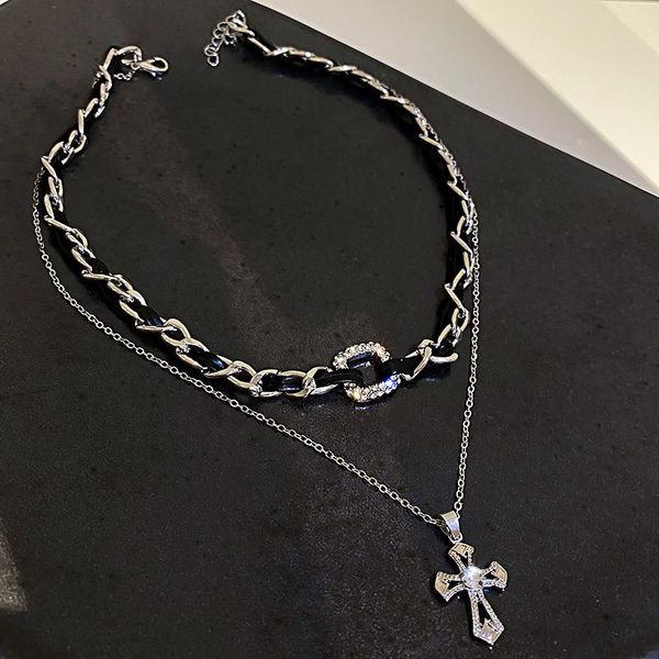 

pendant necklaces fashionvintage double layer leather weaving choker for women statement cross rhinestone necklace party jewelry, Silver