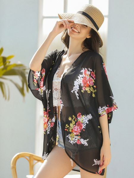 

aamilife floral print sheer kimono 42ph#, White;black