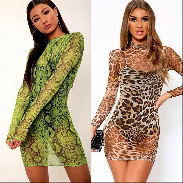 

women dresses snake skin leopard print slim dress see through sheer mesh long sleeve party clubwear mini sundress, Black;gray