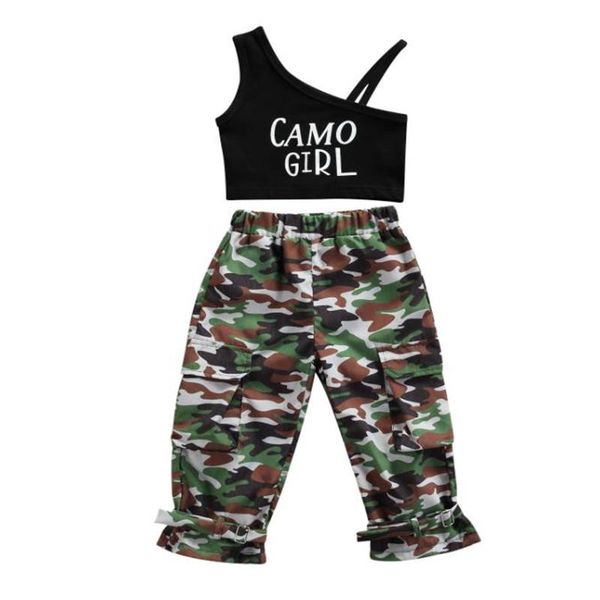 

clothing sets girls casual two-piece clothes set black sleeveless off-the-shoulder and camouflage printing pants girl 1 - 5 years, White