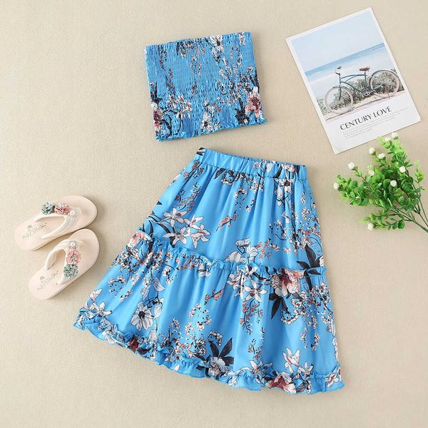 

girls' summer bra style skirt set, pure color flower print girl's dress, Blue