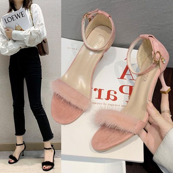 

summer sandals women shoes woman solid flock word belt crystal buckle strap thin high heels ladies plus size, Black