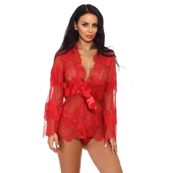 

bras sets women lace floral soft see through pajamas lingerie set, Red;black