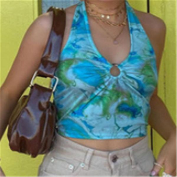 

women's tanks & camis 2021 fashion trend women halter crop tank sleeveless tie-dye print ruched ring front slim fit camisole summe, White