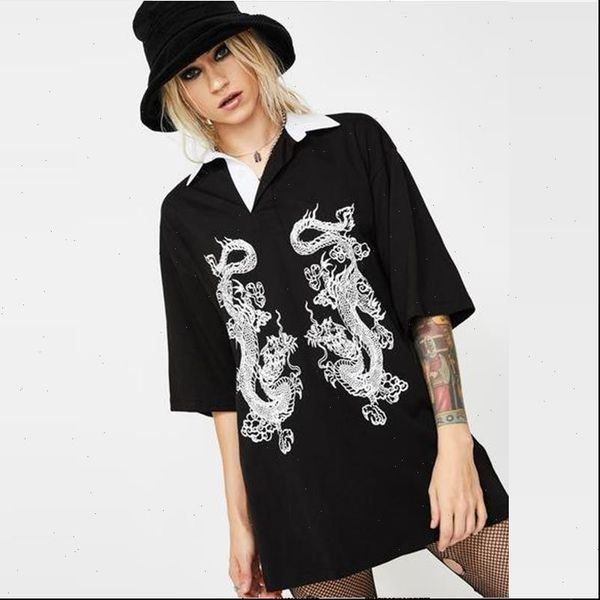 

gothic womens t shirt women half sleeve solid v neck fashion dragon print clothes vintage streetwear black ladies, White