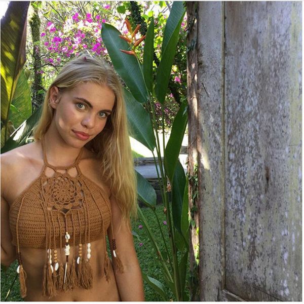 

crochet bikini hand knitted fringe swimsuit split women top, White;black