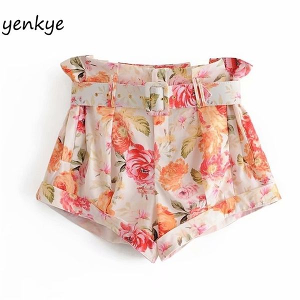 

floral print shorts women belt high waist casual mujer fashion summer femme vetement ldzz6309 210724, White;black