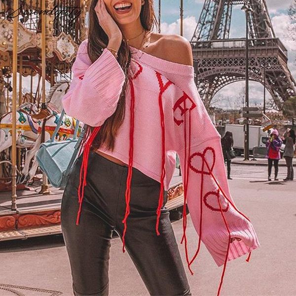 

women's sweaters srdp women 2021 autumn winter pink heart crochet sweater fashion high street tassel pullover casual o neck chic jumper, White;black