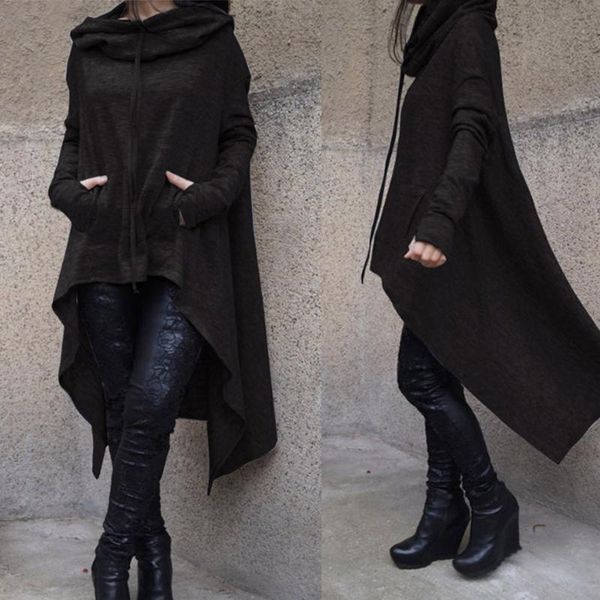 

women long irregular sweatshirts hoodies ladies plus size sleeve hood solid color sweatshirt punk streetwear #3 women's &, Black