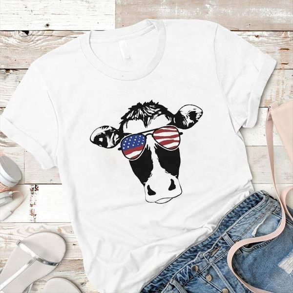

american flag cow printed womens short sleeve tee graphic, White