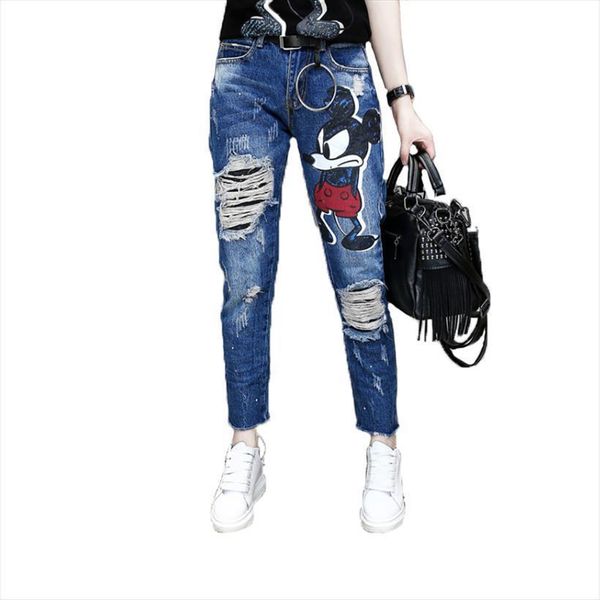 

Cartoon Print Back Destroyed Women Jeans Ripped Slim Distressed Casual Harem Ankle Denim Pants, Blue